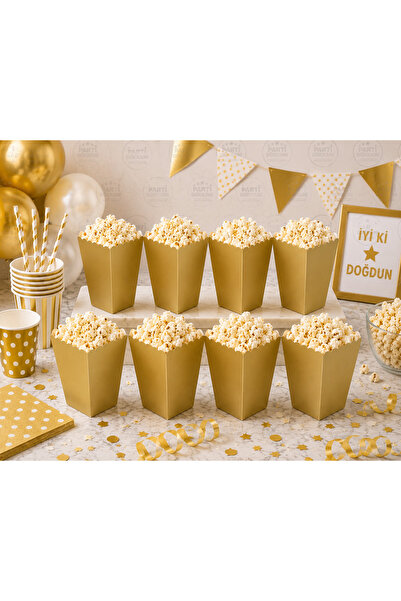 Parti Dükkanı Popcorn Box Gold 8-Piece Corn Box Popcorn Box Chips Box Snack B...