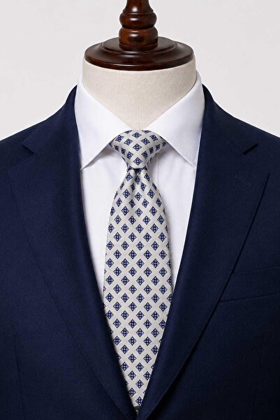 Kravatkolik Gray Blue Motif Pattern Italian Silk Tie İk2543