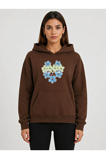 herkesemoda Heart Flower Printed Hooded 2 Thread Threaded Sweatshirt