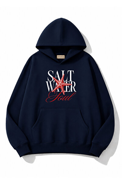 herkesemoda Salt Water Printed Hooded 2 Thread Threaded Sweatshirt