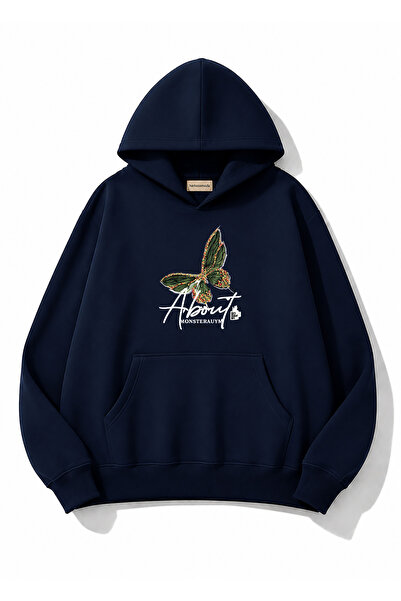 herkesemoda Green Butterfly Printed Hooded 2 Thread Threaded Sweatshirt