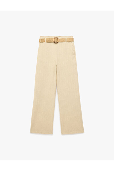 Koton Linen Blend Pocketed Loose Straight Leg Striped Belted Trousers