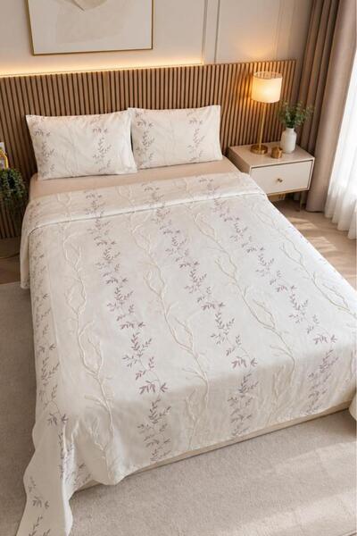 Çeyiz Diyarı Luna Rose Embroidered Chenille 3 Piece Double Bedspread Cream Po...