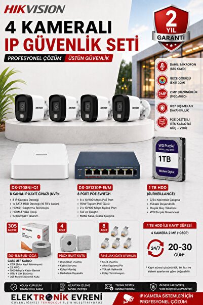 Hikvision 4 Kameralı IP Güvenlik Kamera Seti 2 MP Sesli Gece Görüşlü 1TB HDD ...