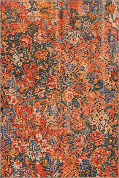 ARTLOOP Florart Turuncu Çiçek Desenli Modern Dokuma Tabanlı Şönil Halı AL 604