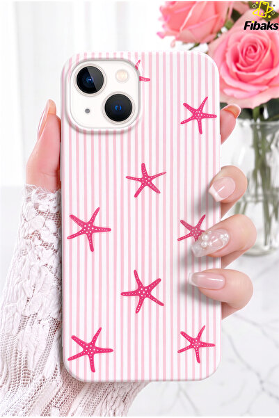 Fibaks iPhone 13/14/15 Kılıf Pembe Deniz Yıldızı Desenli Kadifemsi Soft Touch...