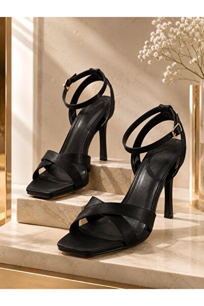Acarbey Tarhan Women's Stylish Black Satin Evening Dress Shoes with Cross Straps