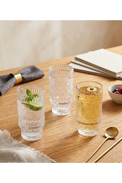CHEMDLE Retro Kabartma Desenli 4'lü Meşrubat Bardağı Seti 330 ml - Estetik Su...
