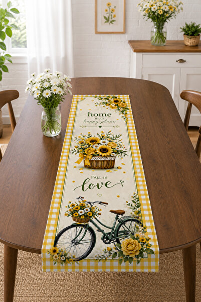 Bebişim Halı Sunflower Basket and Bicycle Patterned Yellow Plaid Runner Table...