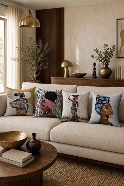 dekomingo Etnik Afrikalı Kadın Figürlü 4 Kırlent Kılıfı (43x43 cm) Dekoratif ...