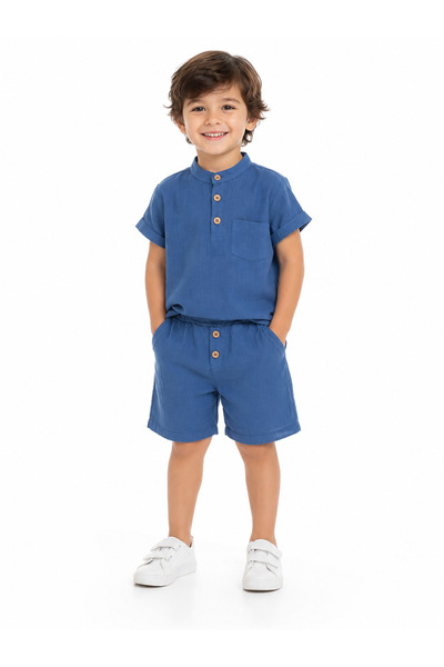 gülerçocuk Boy's Linen Look 2-Piece Set Beige Summer Shorts Set with Stand Co...