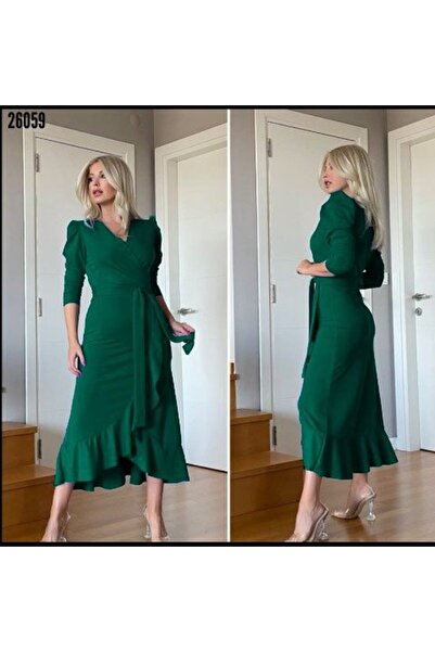 MODA ŞEHRİ فستان نسائي أخضر من قماش الكريب متوسط الطول بحزام وأكمام طويلة