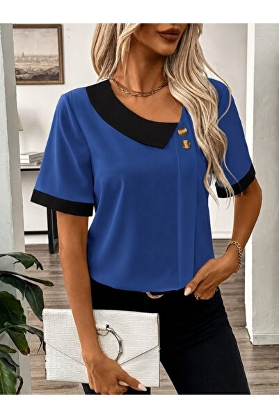 UFC 1985 TOP BRAND Women's Short Sleeve Asymmetric Collar Detailed Buttoned D...