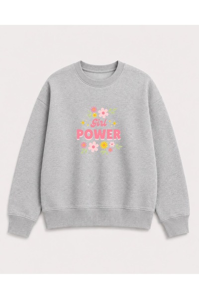 herkesemoda Power Girl Floral Print Detailed Shirred 2 Thread Crew Neck Sweat...