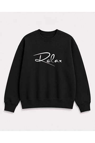 herkesemoda Relax Lettering Print Detailed Embroidered 2 Thread Crew Neck Swe...