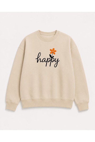 herkesemoda Happy Print Detailed Embroidered 2 Thread Crew Neck Sweatshirt
