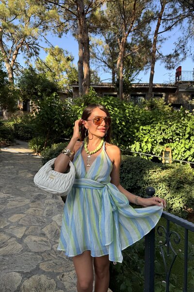 Gizem Ecemiş Amazing Mavi Çizgili Mini Elbise