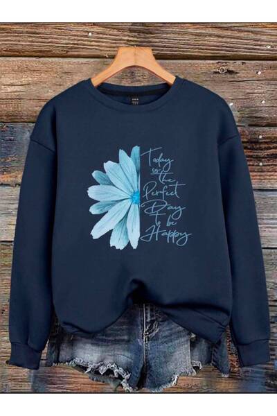 herkesemoda Half Floral Printed 2 Thread Threaded Crew Neck Sweatshirt