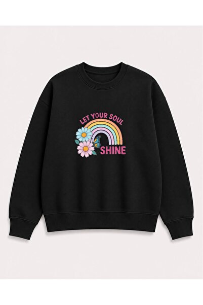 herkesemoda Hanorac cu imprimeu curcubeu, cu 2 fire, cu guler tip crewneck