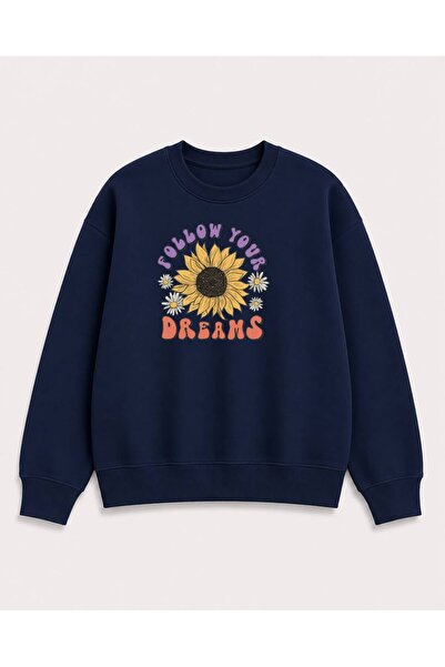 herkesemoda Sunflower Printed 2 Thread Threaded Crew Neck Sweatshirt