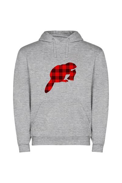 iLovePrints Plaid Lumberjack Beaver Φούτερ με κουκούλα σε χρώμα Γκρι