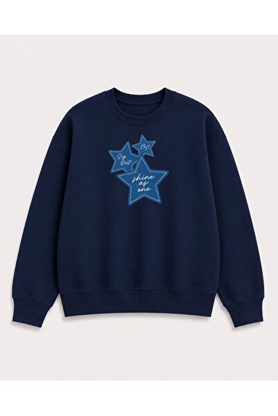 herkesemoda Denim Effect Star Printed 2 Thread Raster Crew Neck Sweatshirt