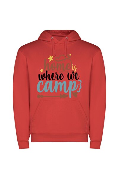 iLovePrints Camping: Home Away from Home Φούτερ με κουκούλα σε χρώμα Κόκκινο