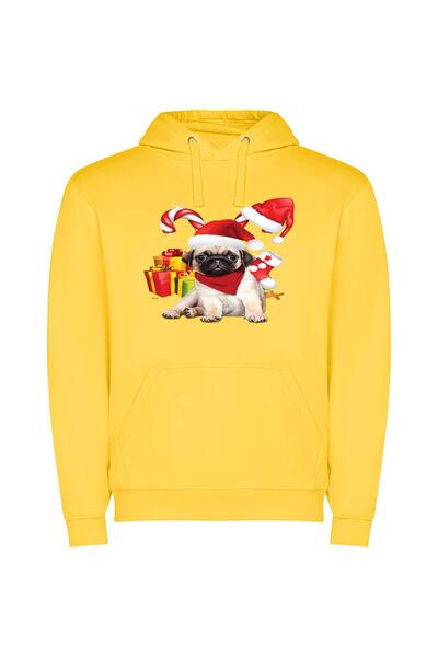 iLovePrints Festive Pug Fashion Φούτερ με κουκούλα σε χρώμα Κίτρινο