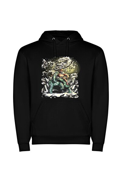 iLovePrints Dinosaur Dreaming: Vibrant Tattoo Φούτερ με κουκούλα σε χρώμα Μαύρο