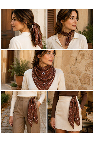 Luminos Butik Women's Coffee Shawl Patterned Cotton 70X70 Scarf Flr6002