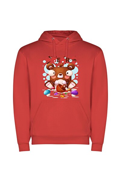 iLovePrints Nutty Bear's Vibrant World Φούτερ με κουκούλα σε χρώμα Κόκκινο