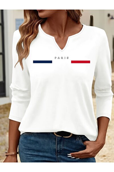 mercoledi Paris Printed Cotton Half V-Neck Long Sleeve Blouse