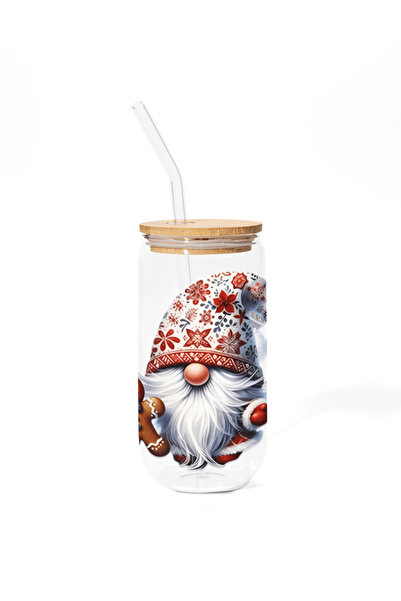 Pahar Cana din sticla cu capac din bambus - Dwarf de Crăciun IV