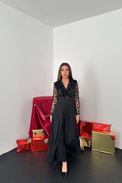 Moda Days Women's Black Jumpsuit V-Neck Sequined Tulle Long Sleeve Skirt-Look...