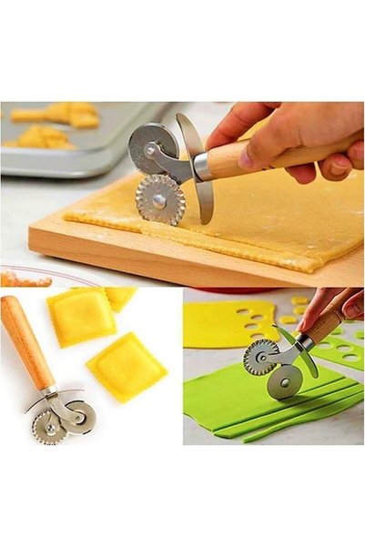 Ufak Tefek Şeyler Wooden Handle Stainless Steel Double-Sided Dough and Pizza Cutting Wheel with Flat and Serrated Blades