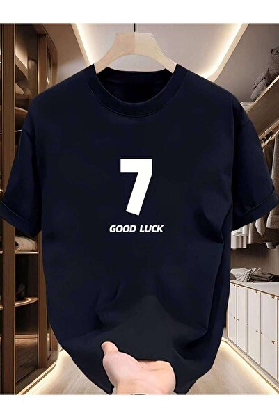 LİNA06 تي شيرت رجالي برقبة دائرية مزين بطباعة 'GOOD LUCK' وتصميم رقم 7، أنيق،...
