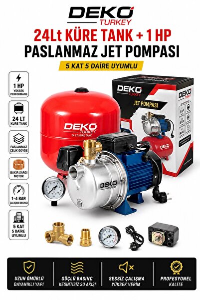 DEKO TURKEY 24 LT Küre Tanklı 1 HP Paslanmaz Jet Hidrofor | 5 Kat 5 Daire Uyu...