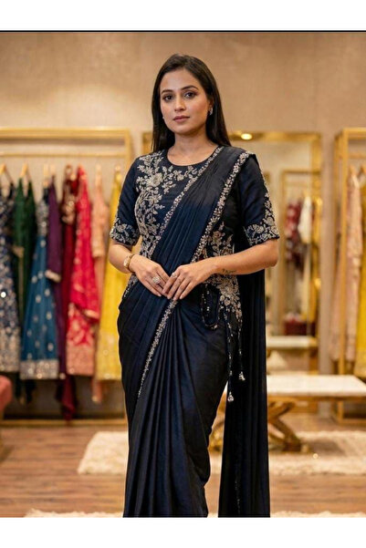 MYSMAR Blue Premium Chinnon Silk Ready-to-Wear Drape Saree - FFT6868 | Blue-S...