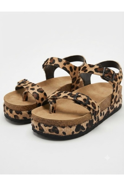 McDark Women's Platform Sole 6 cm High Flat Cork Sole Sandals-Leopard