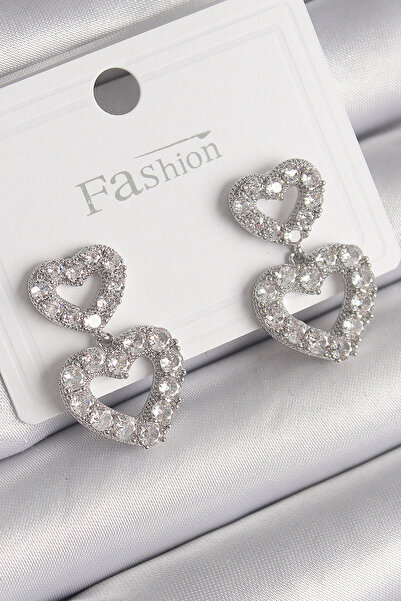 DMR Elegance Brass Silver Color Zircon Stone Dangle Heart Model Women's Earrings