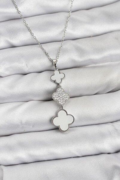 DMR Elegance 316L Steel Chain Silver Color Clover Detailed Zircon Stone Women...