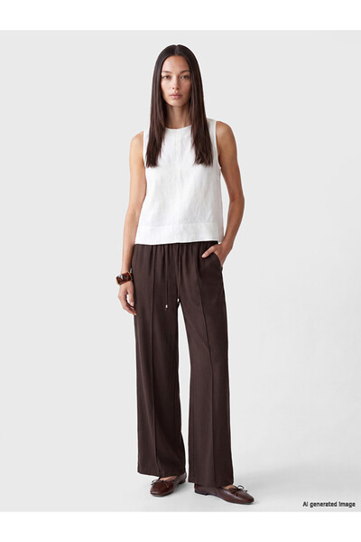 LC Waikiki Brown Wide Leg Women's Trousers with Elastic Waist