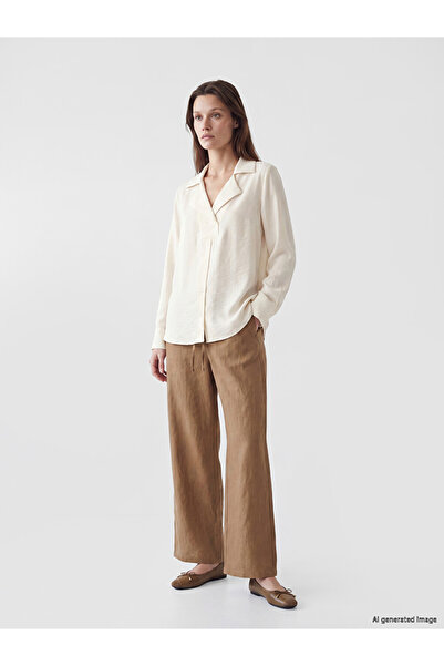 LC Waikiki Lcw Modest Beige Women's 100% Linen Trousers with Elastic Waist