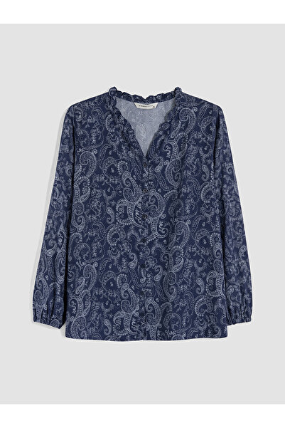 LC Waikiki Navy Blue Ruffled Collar Patterned Women's Shirt