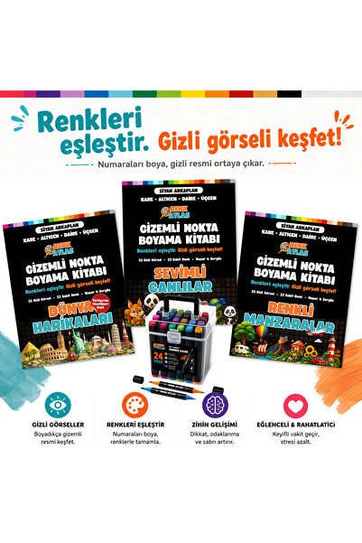 RenkAtlas Renk Atlas Gizemli Nokta Boyama Kitabı 3'lü Set + 24'lü Marker Boya...