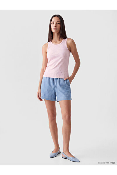 LC Waikiki Blue Elastic Waist Striped Women's Jean Shorts