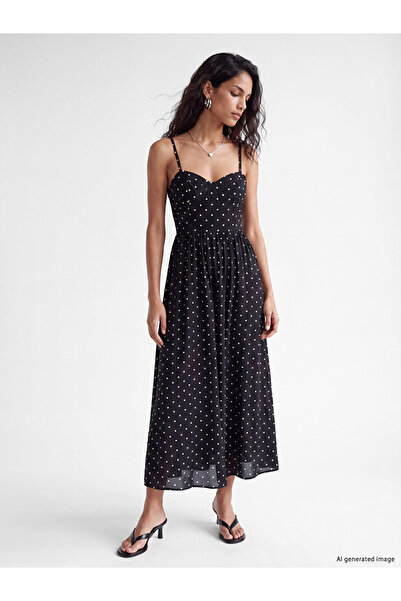 LC Waikiki Black Heart Collar Rope Strap Polka Dot Dress