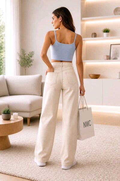 BROSERER Peri Women's Beige Loose Super High Waist Lycra Jeans Trousers
