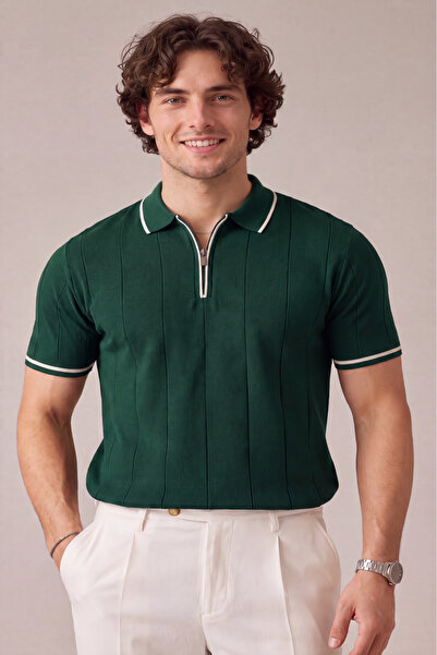 MENOFOURSWEAR Men's Half Zipper Premium Polo Collar T-Shirt
