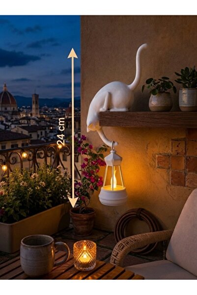 Filkorium3D Askılı Kedi Raf Dekoru 24 cm - LED Fenerli Minimalist Salon, Balkon , Raf ve Ev Aksesuarı Dekoratif Obje - MUM HEDİYELİ